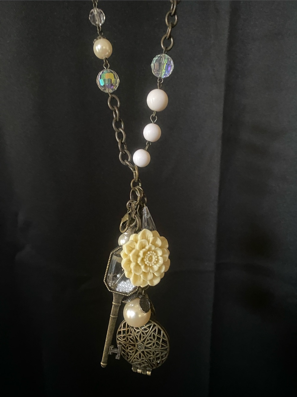 Long Plunder Pendant Necklace with Charms (Cream Flower, Pearls, Key, etc)